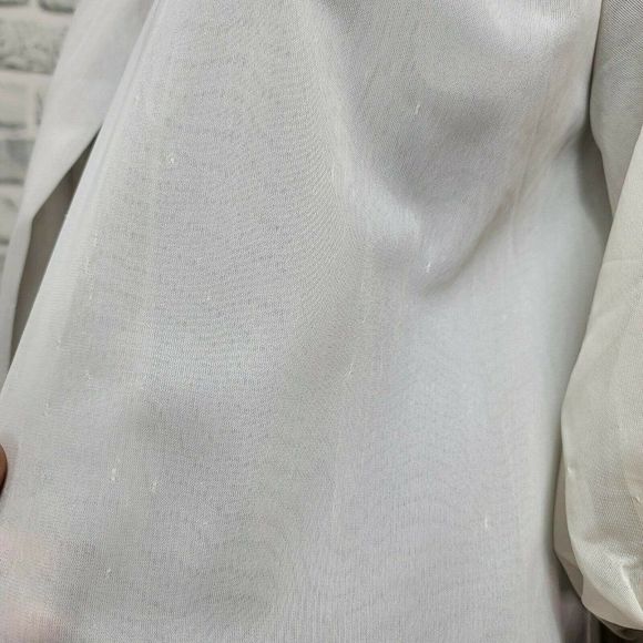 Vintage 70s Sheer Ivory Nylon Robe Ruffle Trim Puff Short Sleeve Tie Collar - Picture 8 of 10